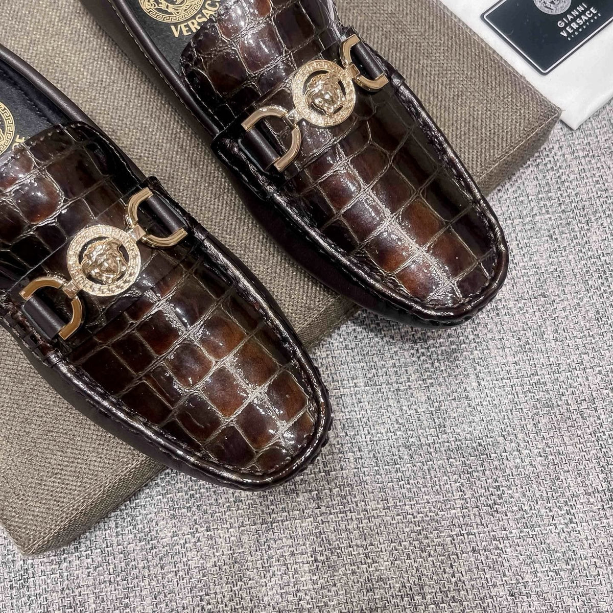 Versace Men's Dark Brown Croc-Embossed Loafers